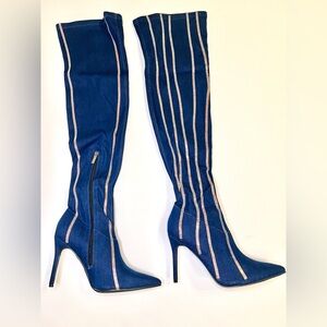 Denim Rhinestone Striped Stiletto Thigh High Boots. 4.5” Heel Diamond Studded